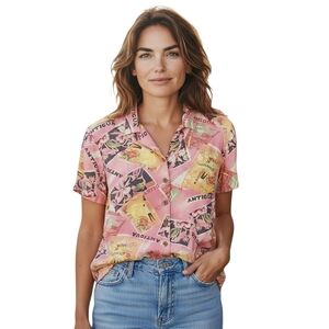 Havana Jacks Cafe Pink Blouse Women L Tropical Postcard Print Short Sleeve